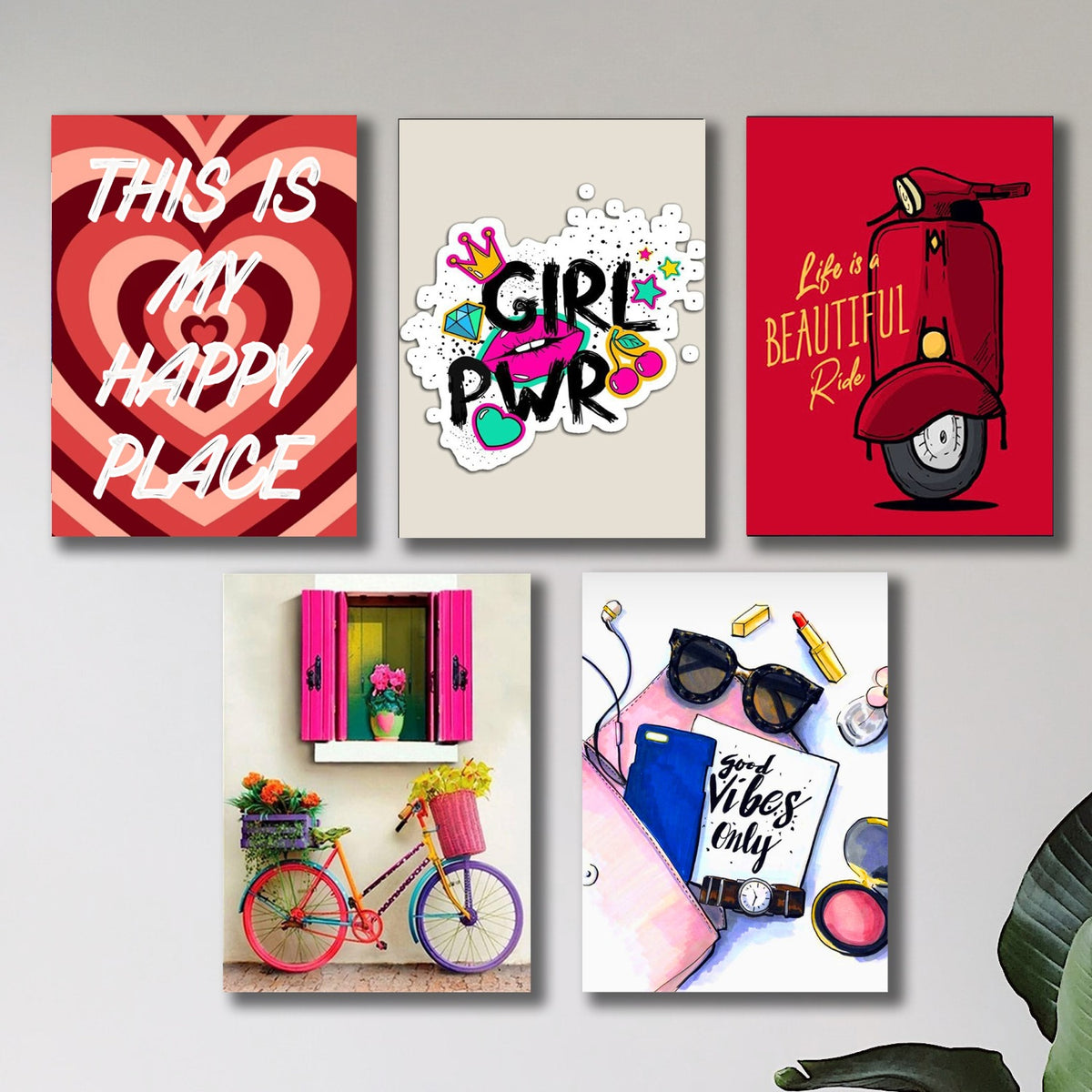 Set Of 5 Girls Room Decore Wall Art Wooden Sticky Phototile Frames