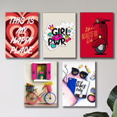 Set Of 5 Girls Room Decore Wall Art Wooden Sticky Phototile Frames